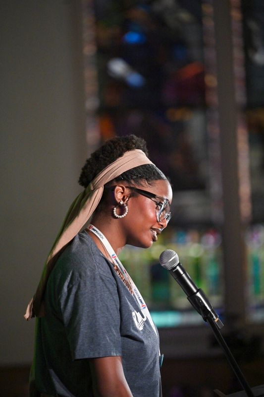 Civic Assembly delegate Nina Cameron speaks at the closing ceremony May 21, 2026, at The Well CDC in Akron, Ohio.