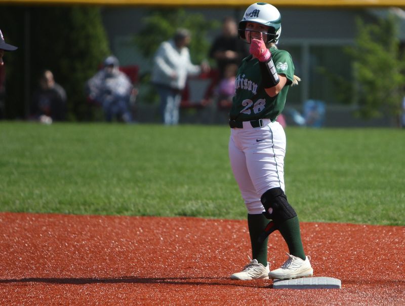Madison's Allie Shrader gives a thumbs up during the Rams' 5-1 Division III district semifinal victory over Shelby on Tuesday, May 21, 2026 in Willard.