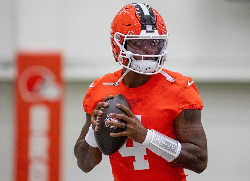 Deshaun Watson with the ball at the Browns OTA camp in Berea on May 20, 2026.