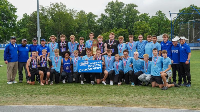 The Covington Catholic Colonels celebrate their 2026 KHSAA Class 2A outdoor track and field team state title.