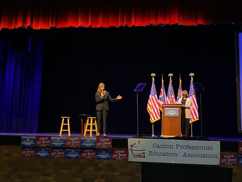 Democratic gubernatorial candidate Amy Acton speaks to supporters at the Canton Memorial Civic Center.