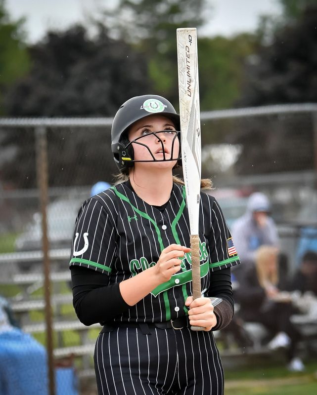Clear Fork's Presley Lilly collects herself before an at-bat during the Colts' 19-2 Division IV district championship win over Lima Bath on Friday, May 22, 2026 at Margaretta.