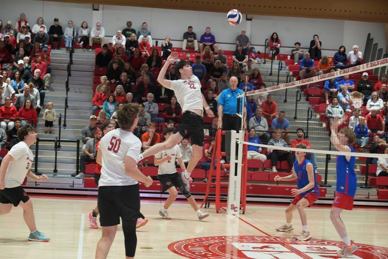St. Charles senior Jack Ishmael goes up for a kill during a 25-17, 25-14, 25-23 win over visiting Dayton Carroll in the Division II, Region 5 final May 23.