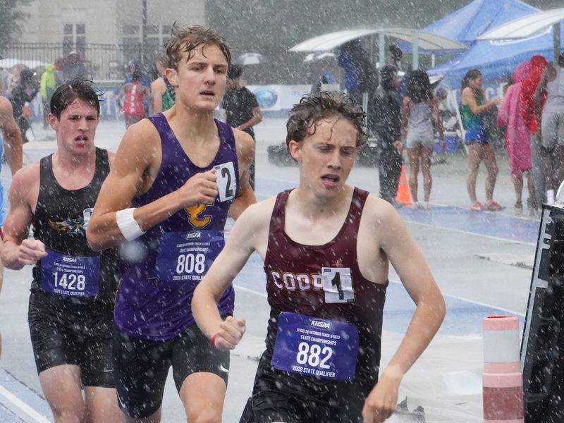 Cooper's Paul Van Laningham (882) and Campbell County's Grant Holbrook (808) lead the way in the 1,600-meter run at the KHSAA Class 3A track and field state championships on May 23, 2026.