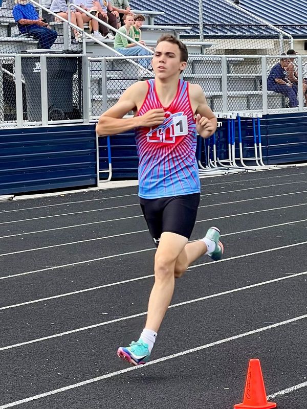 Ridgedale's Breyton Richmond runs to the finish in first place in the 800 meters at the Division V district track meet May 23, 2026, in Granville.