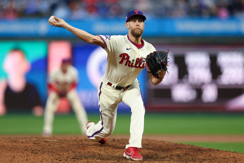 May 23, 2026; Philadelphia, Pennsylvania, USA; Philadelphia Phillies pitcher Zack Wheeler (45) throws a pitch during the fifth inning against the Cleveland Guardians at Citizens Bank Park. Mandatory Credit: Bill Streicher-Imagn Images