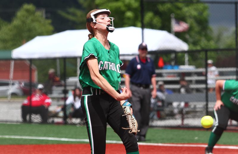 Newark Catholic's Veronica Bailey pitches during the Green Wave's 10-0 victory against Madison Christian to win a Division VII district championship at Berne Union on May 23, 2026.