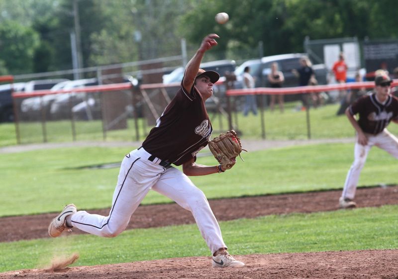 Heath's Quentin Sunkle pitches during the Bulldogs' 2-1 victory against visiting Lakewood in a Division IV tournament game at Dave Klontz Field on May 23, 2026.