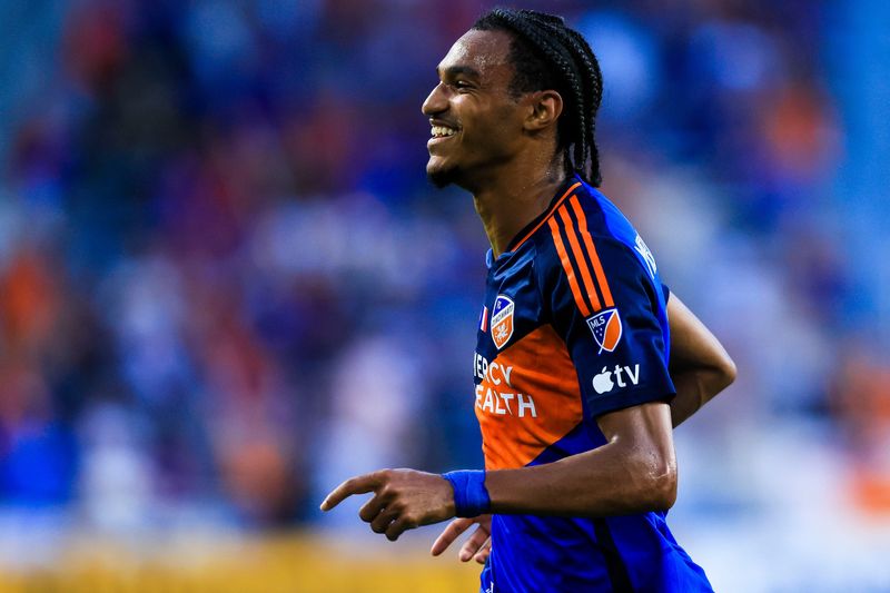 FC Cincinnati forward Kenji Mboma Dem (17) reacts after scoring a goal against Orlando City SC in the first half at TQL Stadium Saturday, May 23.