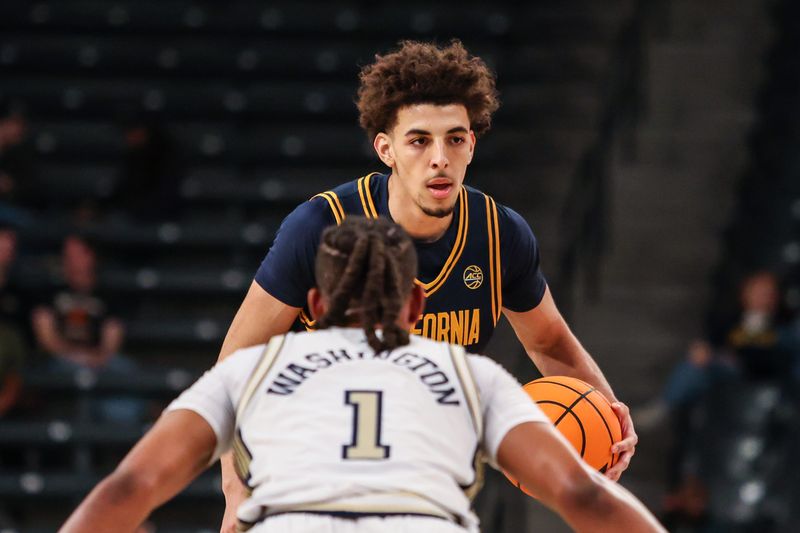 Mar 4, 2026; Atlanta, Georgia, USA; California Golden Bears guard Justin Pippen (10) looks for a play against Georgia Tech Yellow Jackets guard Lamar Washington (1) during the first half at McCamish Pavilion. Mandatory Credit: Jordan Godfree-Imagn Images