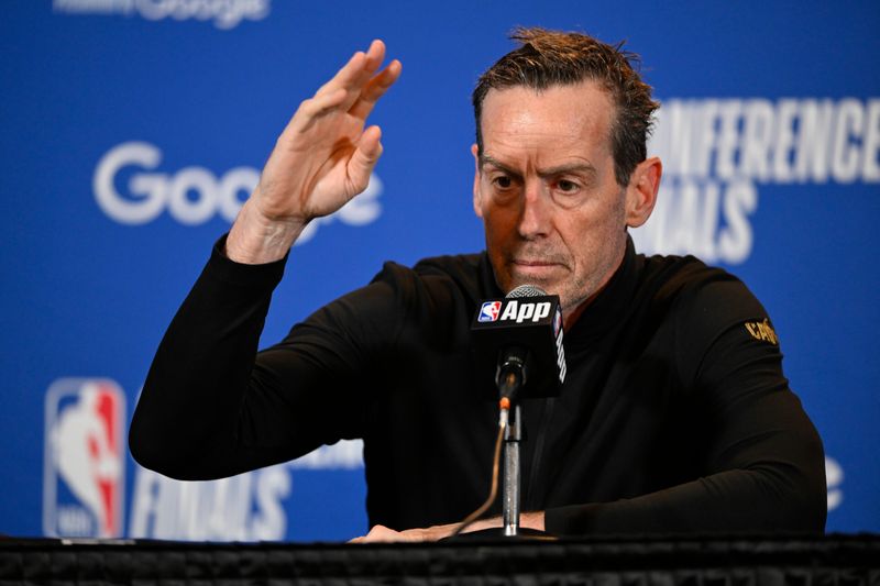 Cavaliers head coach Kenny Atkinson speaks with media before Game 4 of the Eastern Conference Finals against the New York Knicks, May 25, 2026, in Cleveland.