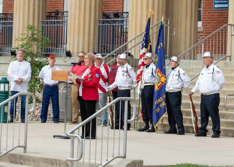 State Veterans Chair Mary Beaton speaks to the crowd at the Memorial Day service, held at the Sandusky County Courthouse May 25.