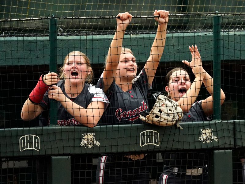 Sheridan players cheers from the bench during a Division III East/Southeast District final against Dover at Ohio University in Athens, Ohio. Dover won, 6-0, to advance to a third straight regional.