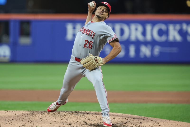 May 26, 2026; New York City, New York, USA; Cincinnati Reds starting pitcher Chase Burns (26) pitches in the third inning against the New York Mets at Citi Field.