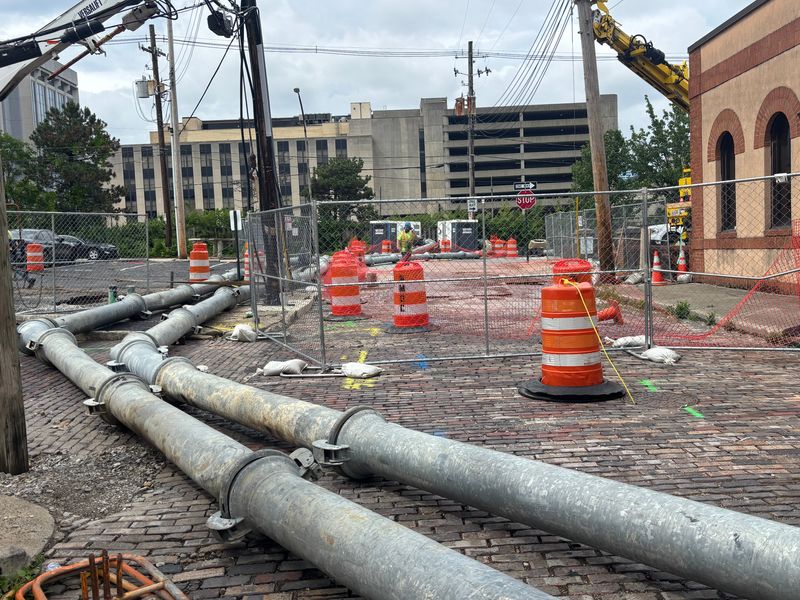 Columbus Water & Power is using temporary pipes and pumps to bypass a collapsed section of sewer in German Village near the intersection of S. Pearl St. and E. Livingston Ave. on May 27, 2026.