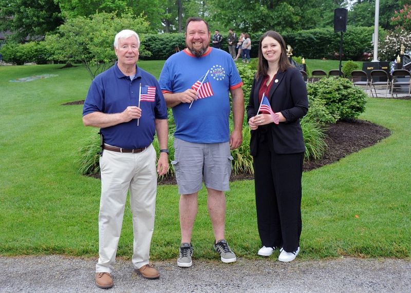 Ohio State Sen. Al Landis, Wayne County Commissioner Matt Martin, and State Rep. Meredith Craig gather at the Smithville Veterans Memorial during the community’s Memorial Day ceremony honoring fallen service members and recognizing the sacrifices made throughout the nation’s history.