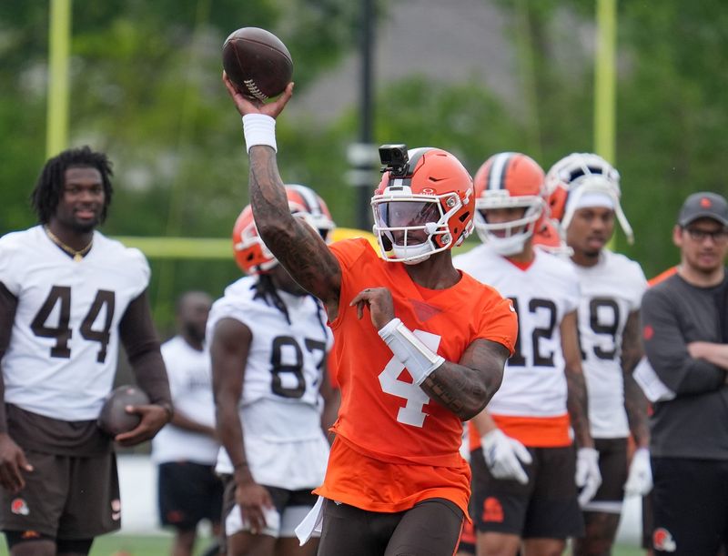 Deshaun Watson throws at the Browns OTA in Berea on May 27, 2026.