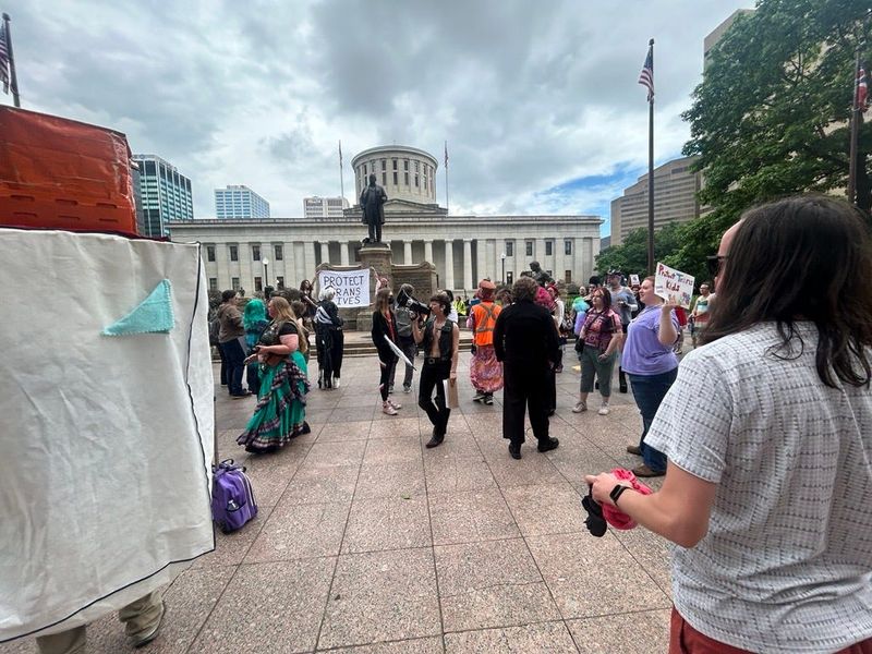 Fewer than 100 protesters gathered May 27 at the Ohio Statehouse to oppose Ohio House Bill 249, which would criminalize drag shows outside of adult entertainment facilities if deemeded obscene or harmful, and also changes the definition of public indecency. One organizer said the bill is just the latest effort to target the transgender community.