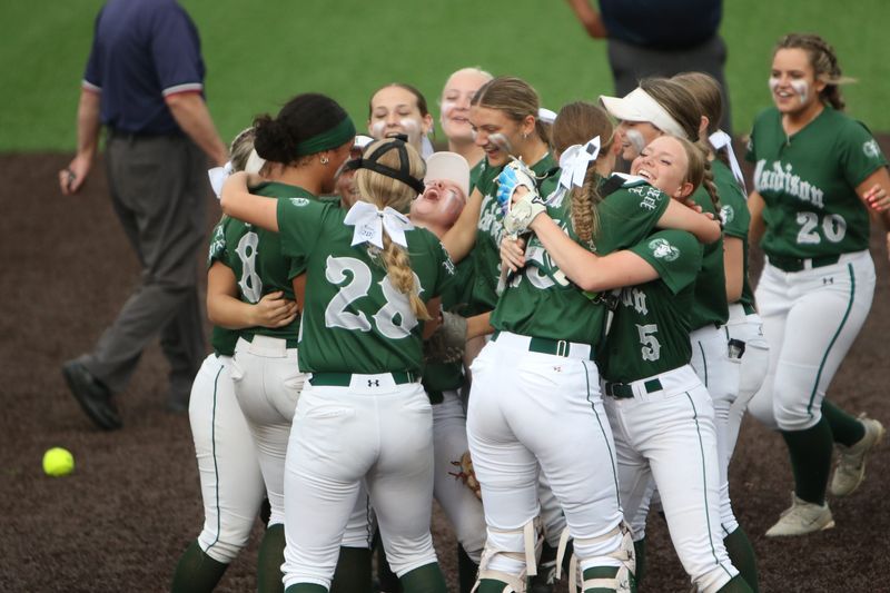 The Madison Rams celebrate after beating the Ontario Warriors 7-0 in the Division III regional semifinals on Wednesday, May 27, 2026 at Ashland University's Deb Miller Field.
