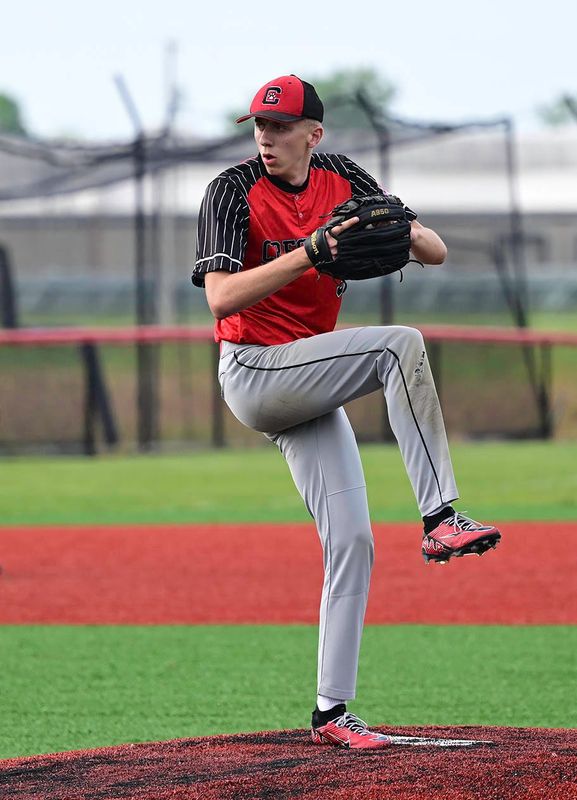 Crestview's Drew Spoerr winds up on the mound. The Cougars beat the Eagles 7-1 in a Division VI district semifinal at Shelby High School on May 27, 2026.