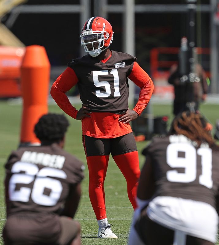 Browns defensive tackle Mike Hall Jr. (51) stands on the sideline during minicamp, Tuesday, June 11, 2024, in Berea.