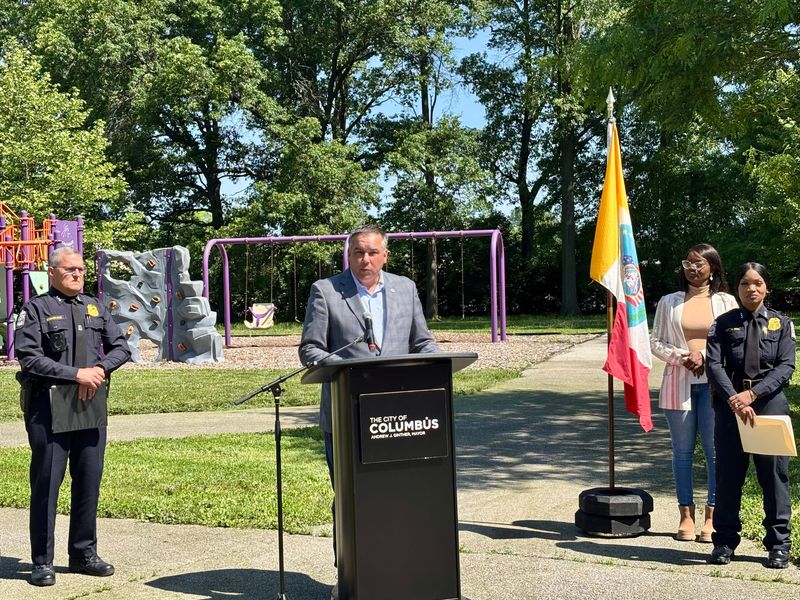 Columbus Mayor Andrew Ginther held a press conference on summer safety initiatives with Division of Police leaders at Fairwood Park on May 28, 2026.