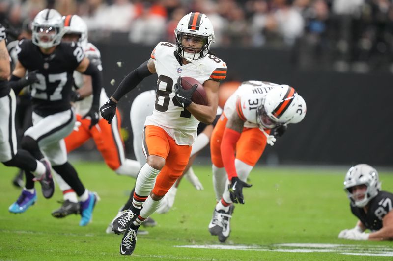 Nov 23, 2025; Paradise, Nevada, USA; Cleveland Browns wide receiver Gage Larvadain (84) catches the ball against the Las Vegas Raiders in the first half at Allegiant Stadium. Mandatory Credit: Kirby Lee-Imagn Images
