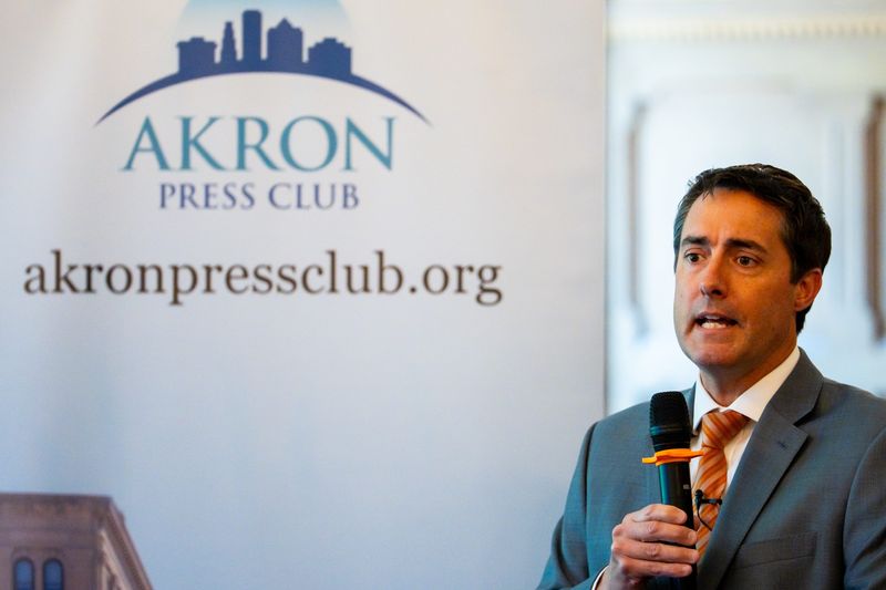 Ohio Secretary of State Frank LaRose, who is running for Ohio Auditor, speaks during an Akron Press Club event, May 29, 2026, at Goodyear Hall in Akron, Ohio.