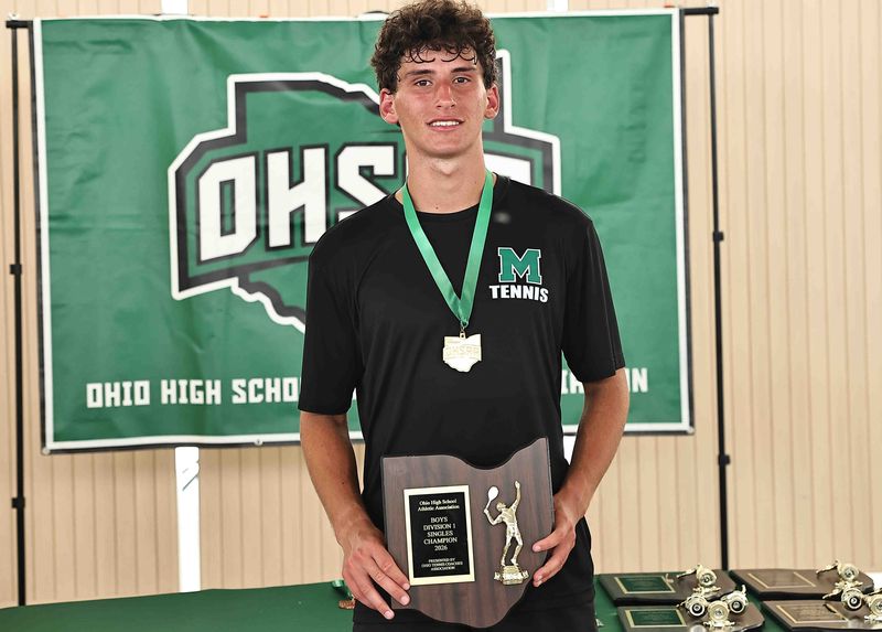 Mason's Greg Berndasky won the Division I state singles championship at the OHSAA state tournament Friday, May 29, 2026, at the Lindner Family Tennis Center.