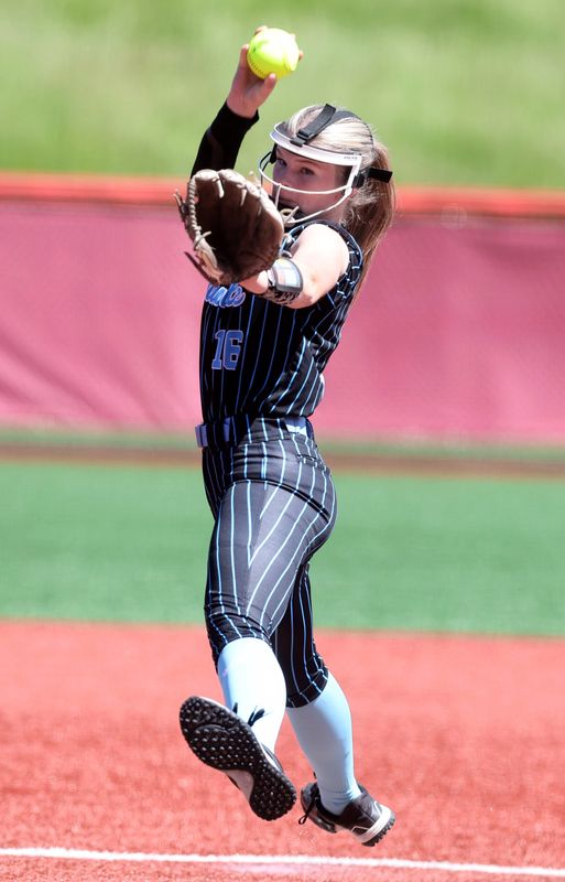 Louisville’s Katelynn Miller winds up a pitch against Hoban on May 29.