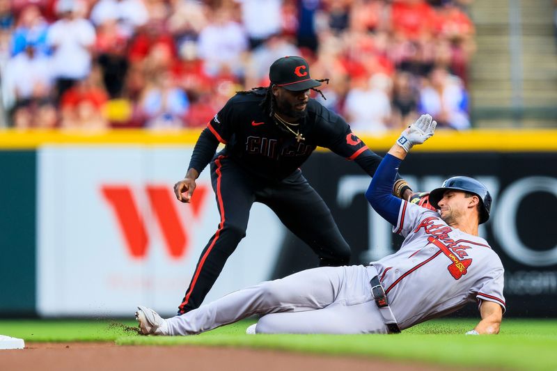 Reds shortstop Elly De La Cruz tags out Braves first baseman Matt Olson at second on a throw from right fielder Blake Dunn in the first inning at Great American Ball Park Friday, May 29. The play came after Dunn had already robbed Atlanta's Michael Harris II of a home run the batter before.