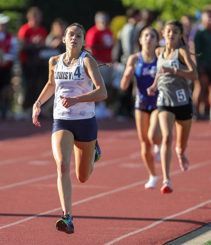 Louisville’s Kylah Meyer pulls away to win the girls 1,600 meters at the North Royalton Division II regional, May 29, 2026.