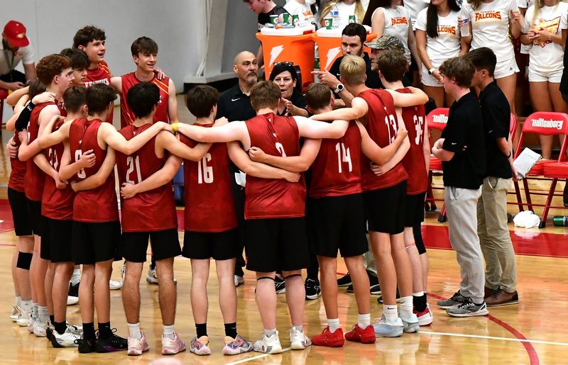 Fenwick takes a timeout in the second set in Division II semifinal action at the OHSAA state volleyball tournament, May 29, 2026.