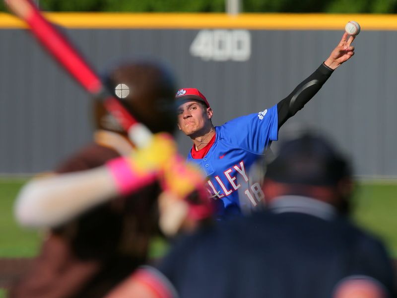 Licking Valley's Grayson Snow pitches during the Panthers' 3-0 victory against Buckeye Valley to win a Division IV district championship at Denison University on May 29, 2026.