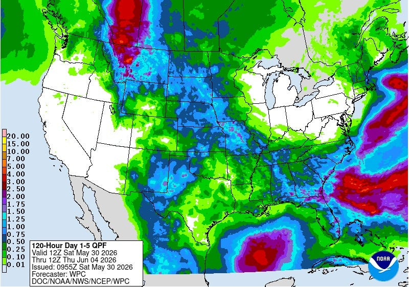 A five-day forecast from the National Oceanic and Atmospheric Administration shows Ohio will see no rain between May 30 and June 4.
