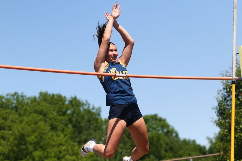 Lancaster's Alexa Lape clears the bar in the pole vault during the Division I super regional championships at Pickerington North on May 30, 2026.