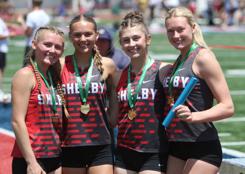 The Shelby quartet of Princess Timko, Ashley Montgomery, Karli Walp and Madison Henkel won a Division III regional 4x100 relay championship on Saturday, May 30, 2026 at Piqua High School.