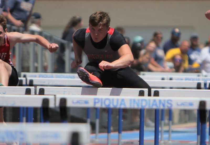 Shelby's Gavin Baker won the Division III regional championship in the 110-meter hurdles on Saturday, May 30, 2026 at Piqua High School.