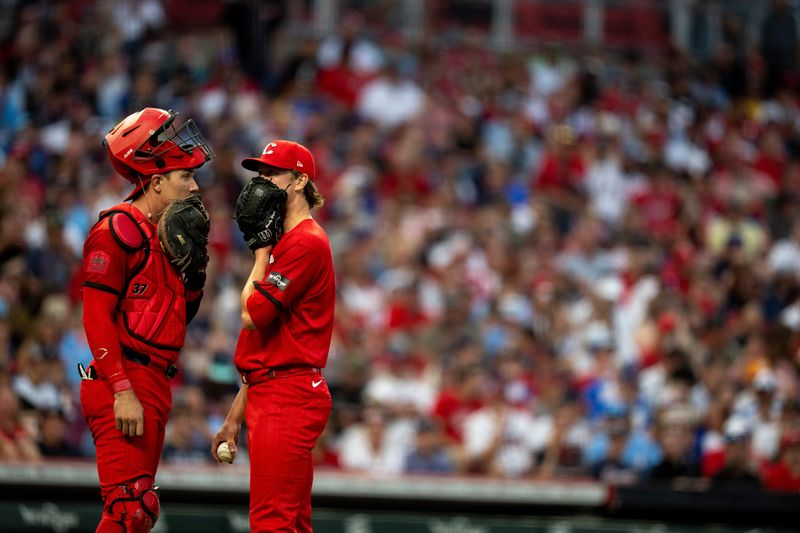Reds starter Brady Singer, talking with catcher Tyler Stephenson, allowed three runs in five innings on four hits, two of them solo home runs, and four walks. Singer is 2-5 with a 6.18 ERA.