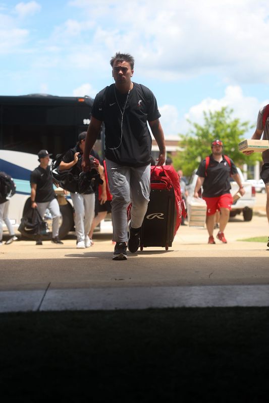 Cincinnati Bearcats freshman designated hitter/catcher Enzo Infelise arrives at Dudy Noble Field for the Sunday, May 31 elimination game vs. Louisiana.