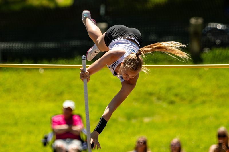 Cambridge’s Paisley Williams competes in the pole vault during the OHSAA Division III Regional track meet that was held at Muskingum University in New Concord on Saturday May 30th, 2026.