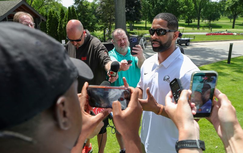 Cleveland Browns Executive Vice President of Football Operations and General Manager Andrew Berry takes questions about Myles Garrett’s future with the team during the Cleveland Browns Foundation Golf Tournament at Firestone Country Club, June 1, 2026, in Akron, Ohio.