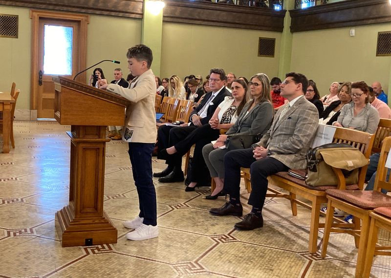 Samuel Menges, a 12-year-old from Lorain County in northeast Ohio, speaks June 1 in front of the Ohio legislature's Select Committee on Data Centers. Menges wants to be a farmer when he grows up and told the commission he doesn't want Ohio to lose anymore farmland.