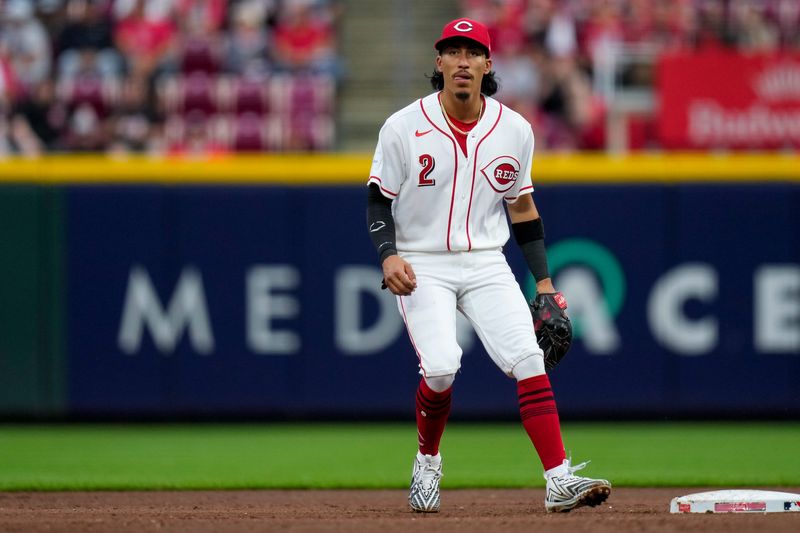Cincinnati Reds second baseball Edwin Arroyo (2) covers the bag on a play in the fourth inning of the MLB Interleague game between the Cincinnati Reds and the Kansas City Royals at Great American Ball Park in Cincinnati on Monday, June 1, 2026. The Royals led 4-1 after three innings.