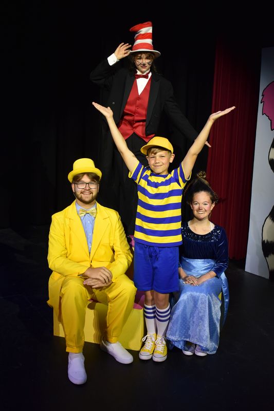 Ava Fritz will star as the Cat in the Hat in Carnation City Players' production of "Seussical Jr.," which runs June 5-14 at the Firehouse Theater in Alliance. Also appearing are, front row from left, Ty Nagle (as Mr. Mayor of Whoville); Andrew Horning (as JoJo); and Maddie Coblentz (as Mrs. Mayor).