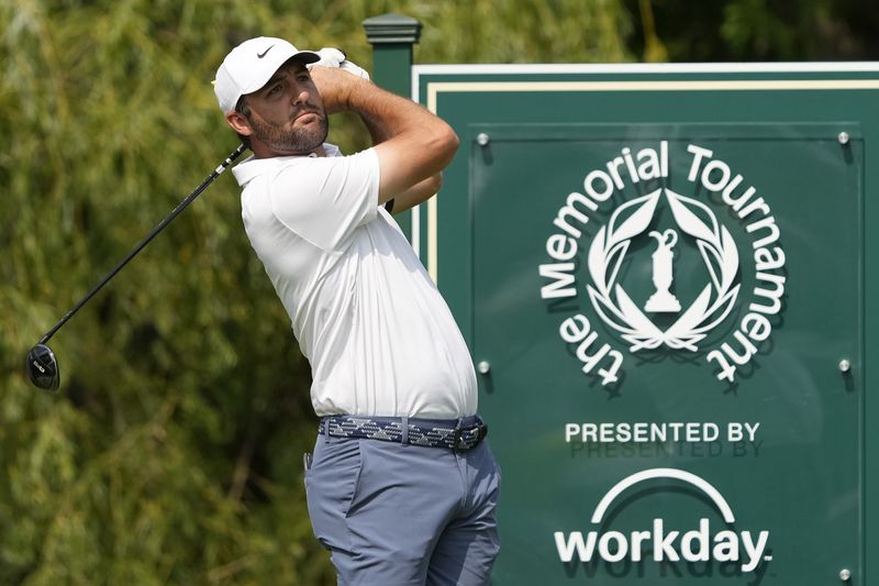 Scottie Scheffler tees off on eight nine the final round of the Memorial Tournament at Muirfield Village Golf Club in Dublin on June 1, 2025.
