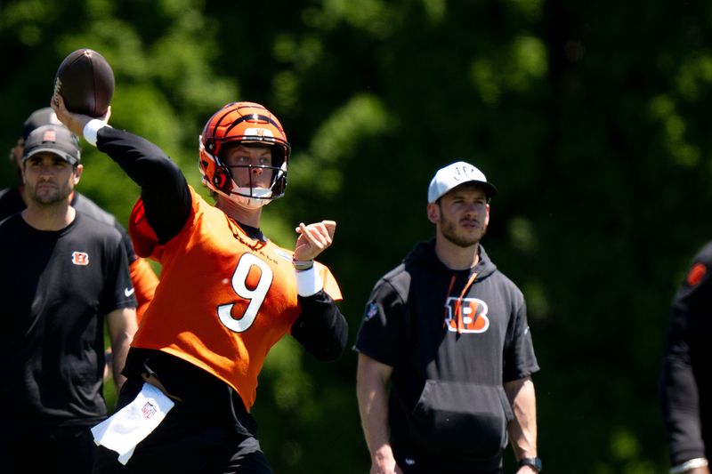 Cincinnati Bengals quarterback Joe Burrow (9) throws a pass during spring practice on at the Kettering Practice Fields on Tuesday, June 2, 2026.