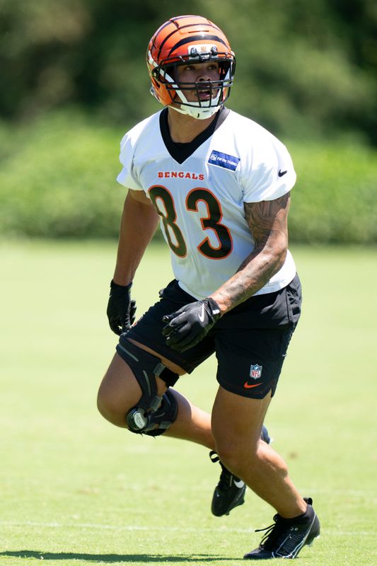 Cincinnati Bengals tight end Erick All Jr. runs a route during spring practice on at the Kettering Practice Fields on Tuesday, June 2, 2026.