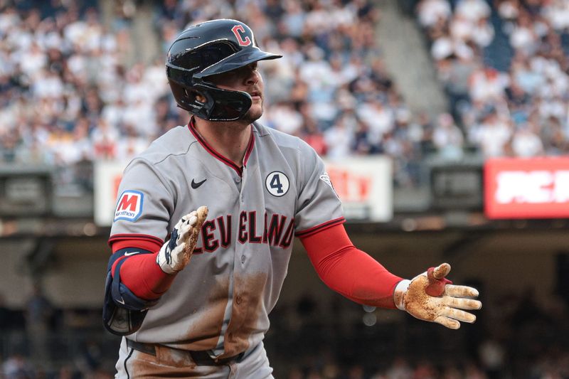 Jun 2, 2026; Bronx, New York, USA; Cleveland Guardians catcher Patrick Bailey (16) reacts after a triple during the second inning against the New York Yankees at Yankee Stadium. Mandatory Credit: Vincent Carchietta-Imagn Images