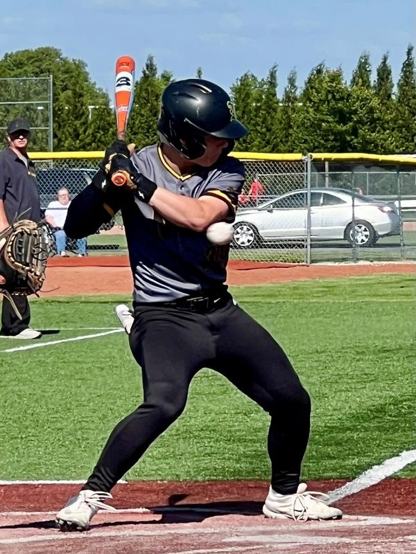 Northmor's Finn Fesler takes a pitch during a Division VI regional semifinal baseball game against Dayton Christian Tuesday, June 2, 2026 at Pleasant Hill Newton High School.